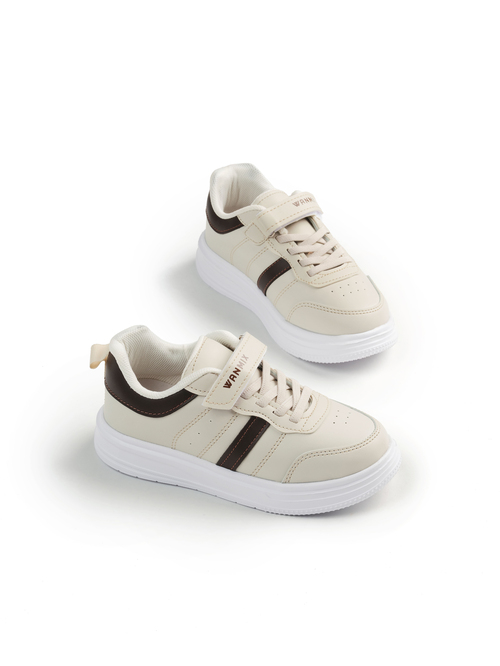 Rahat Kalıp Yanı Cizgili Cırtlı Sneaker Çocuk Unisex Bej Kahve Sneaker TBKRD016