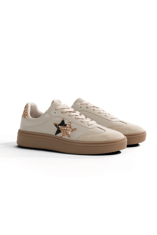 Rahat Kalıp Yarım Yıldız Desenli Sneaker Kadın Bej Krep Sneaker TBZER050