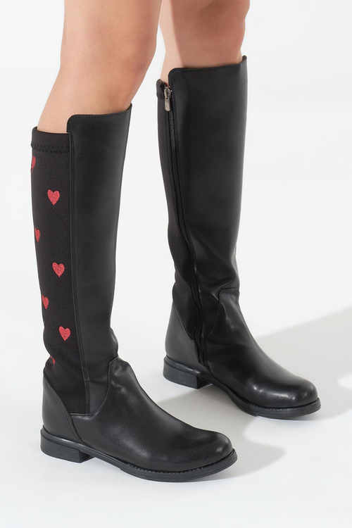 Termo Taban Arkası Strec Kalpli Fermuarlı Kadın Siyah Çizme TBIHS20