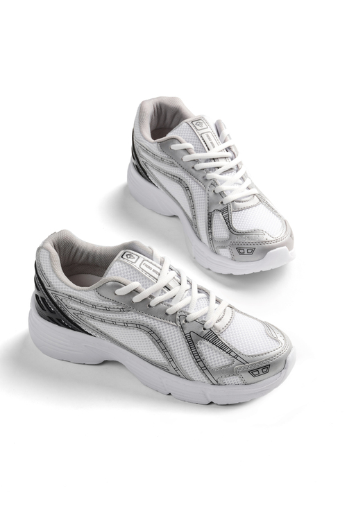Termo Taban Konforlu Bağcıklı Sneaker Kadın Beyaz Gümüş Sneaker TBTÖZF005