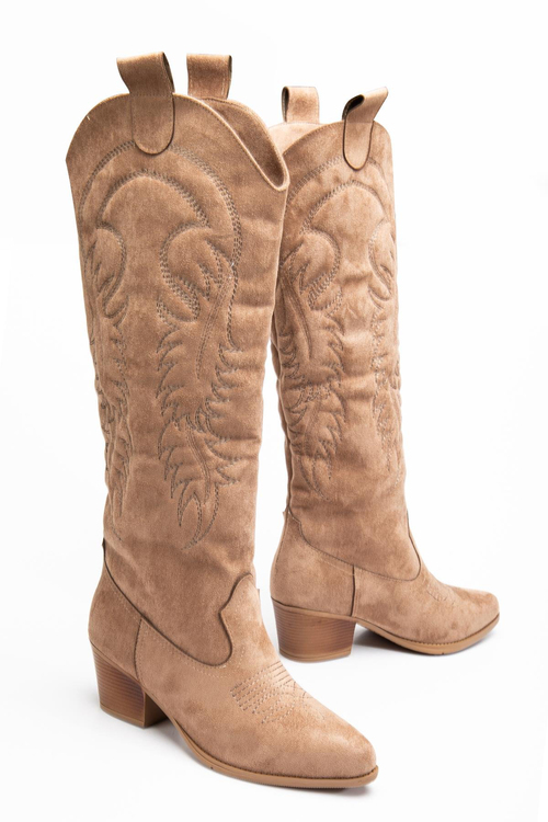 Termo Taban Nakışlı Western Kovboy Kadın Vizon Süet Bot TBACR3533