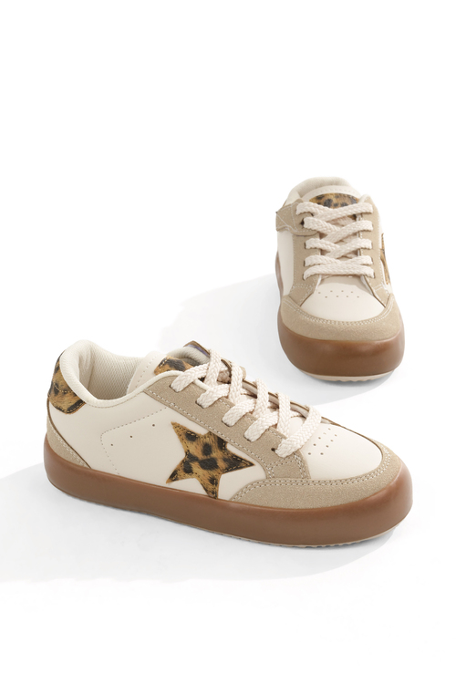Termo Taban Rahat Kalıp Bağcıklı Sneaker Kadın Bej Leopar Sneaker TBZER090