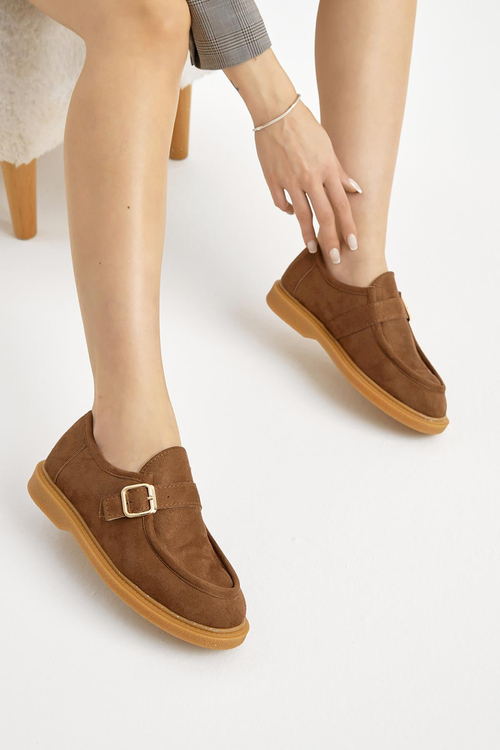 Termo Taban Süet Görünümlü Tokalı Kadın Taba Günlük Loafer TBMHH035