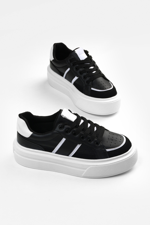 Yüksek Tabanlı Rahat Bağcıklı Sneaker Kadın Siyah Sneaker TBFTH1903