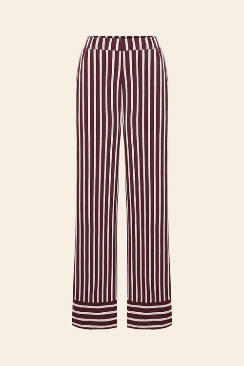 %100 Pamuklu Çizgili Gömlek Pijama Takımı / Bordo