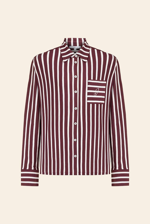 %100 Pamuklu Çizgili Gömlek Pijama Takımı / Bordo