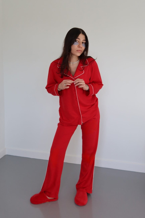 Modal Biyeli Cepli Pijama Takımı / Kırmızı | JAYA