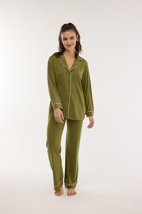 Modal Biyeli Uzun Kollu Pijama Takımı / Haki Yeşili