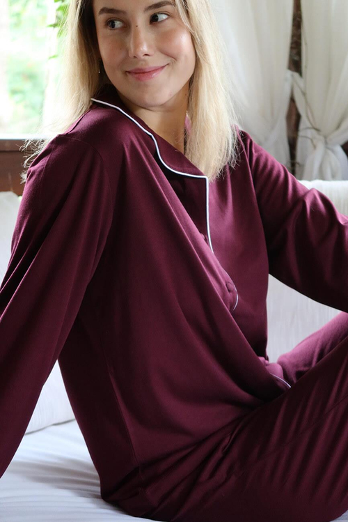 Modal Biyeli Uzun Kollu Pijama Takımı / Bordo