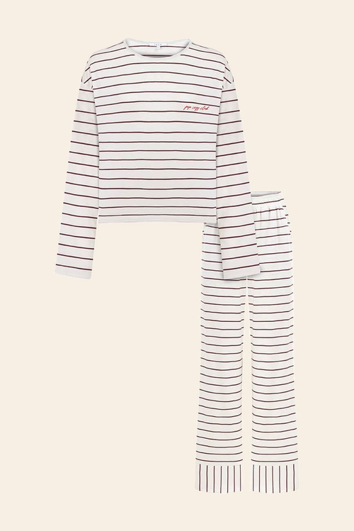 Pamuklu Çizgili  Uzun Kollu Pijama Takımı / Bordo