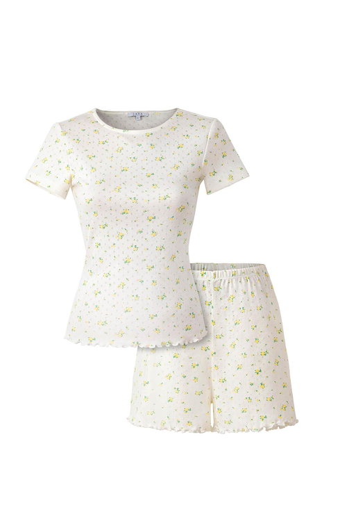 Pointelle Sarı Çiçek Desenli Şortlu Pijama Takımı 
