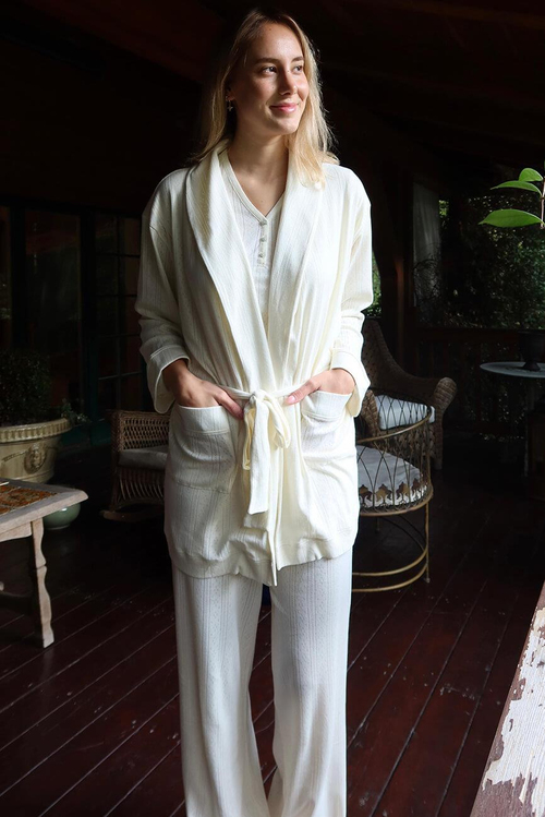 Pointelle V Yaka Pijama Takımı - Pointelle Sabahlık Set / Krem