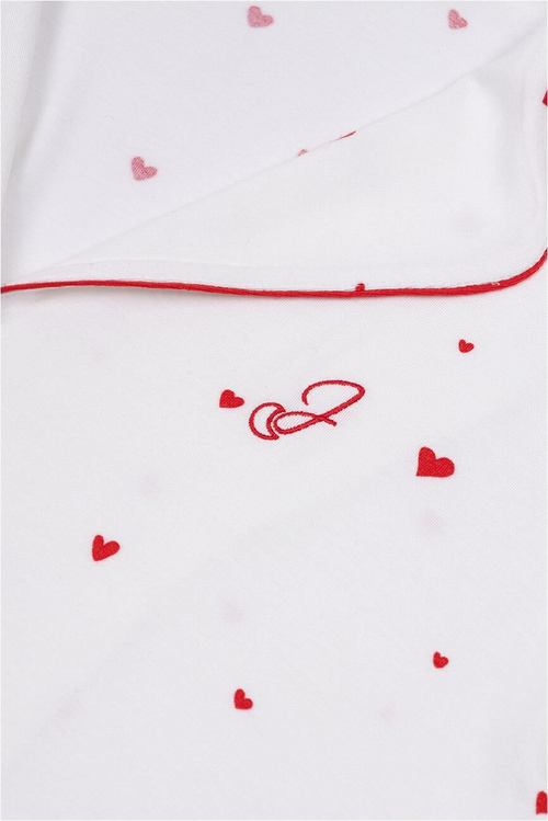 Viskon Kalp Desenli Biyeli Uzun Kollu Pijama Takımı / Beyaz