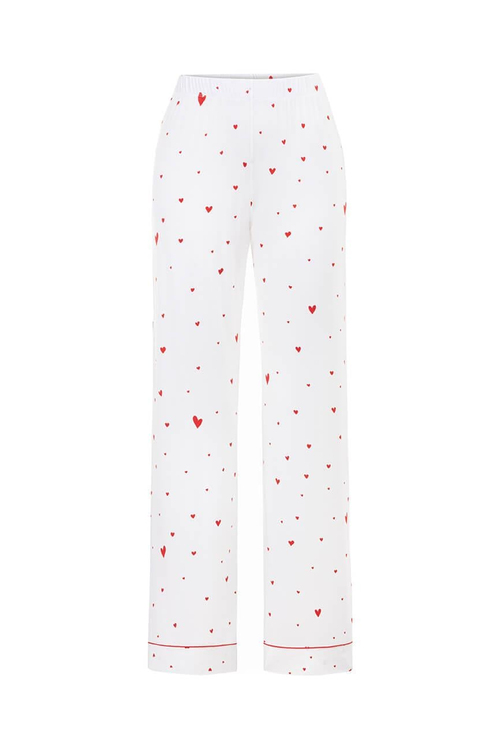 Viskon Kalp Desenli Biyeli Uzun Kollu Pijama Takımı / Beyaz