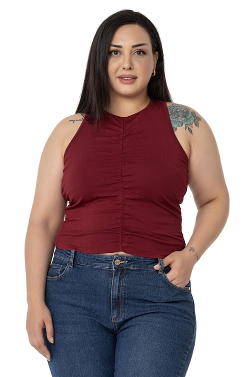 Büyük Beden Önü ve Yanları Drapeli Halter Yaka Bordo Body