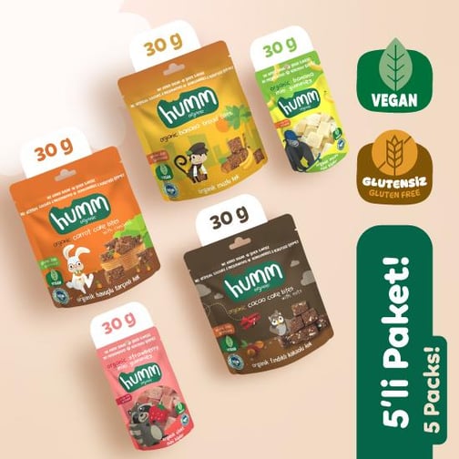 Organik Glutensiz Vegan Kek Mini Küp Atıştımalık Paketi 5 adet (5 çeşit) görseli.