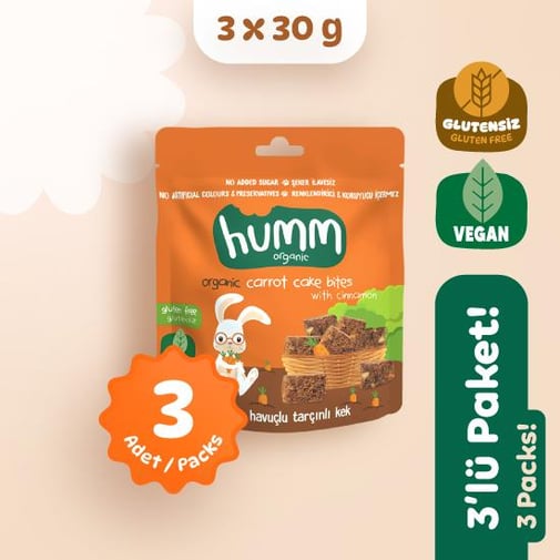 Organik Glutensiz Vegan Havuçlu ve Tarçınlı Kek Atıştırmalık Paketi 3 adet görseli.