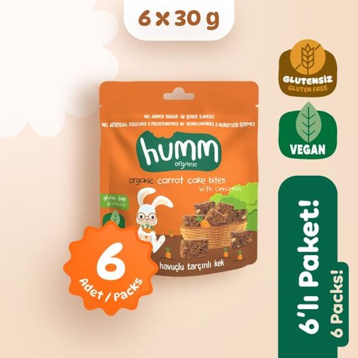 Organik Glutensiz Vegan Havuçlu ve Tarçınlı Kek Atıştırmalık Paketi 6 adet görseli.