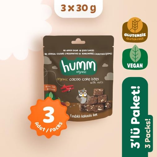Organik Glutensiz Vegan Kakaolu ve Fındıklı Kek Atıştırmalık Paketi 3 adet görseli.