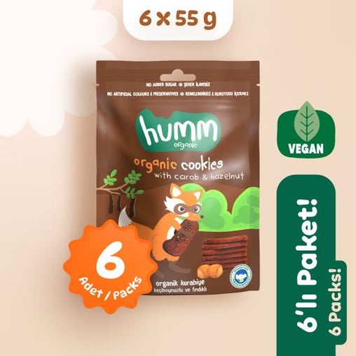 Organik Vegan Keçiboynuzlu ve Fındıklı Kurabiye Atıştırmalık Paketi 6 adet görseli.