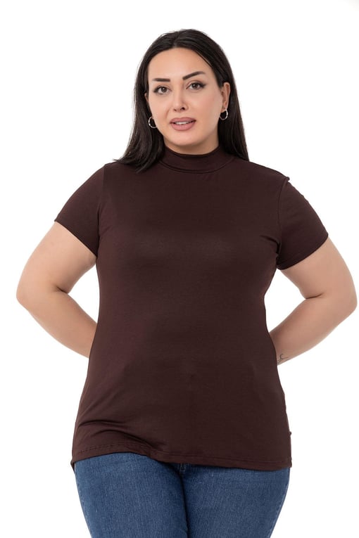 Büyük Beden Yarım Balıkçı Kısa Kollu Viskon Kahverengi Body
