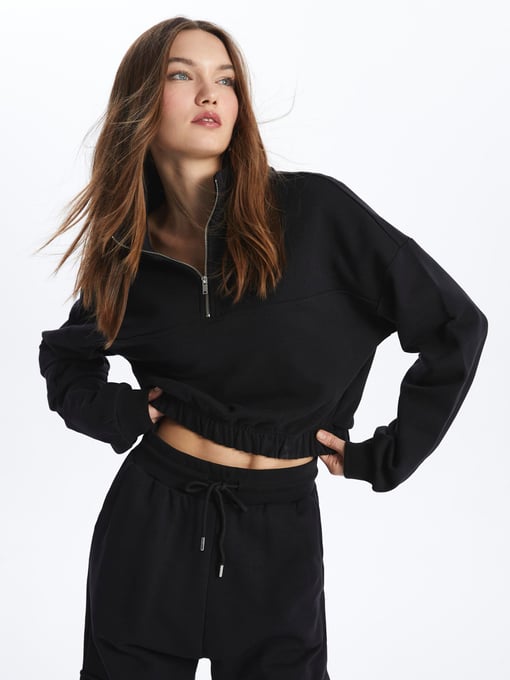Hollywood- Yarım Fermuarlı Uzun Kol Parçalı Sweatshirt- Siyah