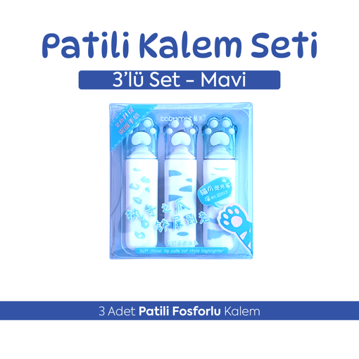3'lü Patili Fosforlu Kalem Seti Mavi - Sevimli Kedi Patisi İşaretleme Kalemi Highlighter
