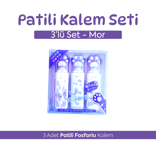 3'lü Patili Fosforlu Kalem Seti Mor - Sevimli Kedi Patisi İşaretleme Kalemi Highlighter