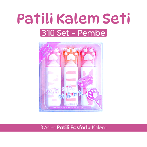 3'lü Patili Fosforlu Kalem Seti Pembe - Sevimli Kedi Patisi İşaretleme Kalemi Highlighter