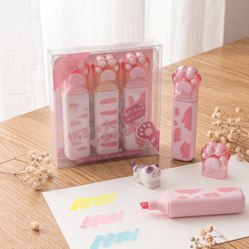 3'lü Patili Fosforlu Kalem Seti Pembe - Sevimli Kedi Patisi İşaretleme Kalemi Highlighter