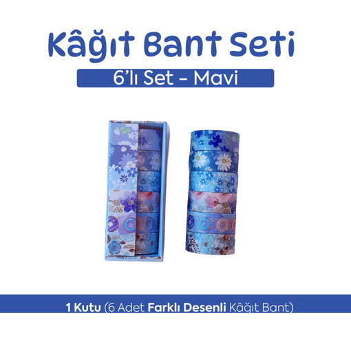 6'lı Mavi Washi Tape Seti - Desenli Dekoratif Kâğıt Bant