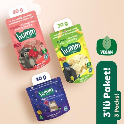 Organik Vegan Puf Meyveli Mini Küpler Atıştırmalık Paketi 3 Adet (3 çeşit) görseli.