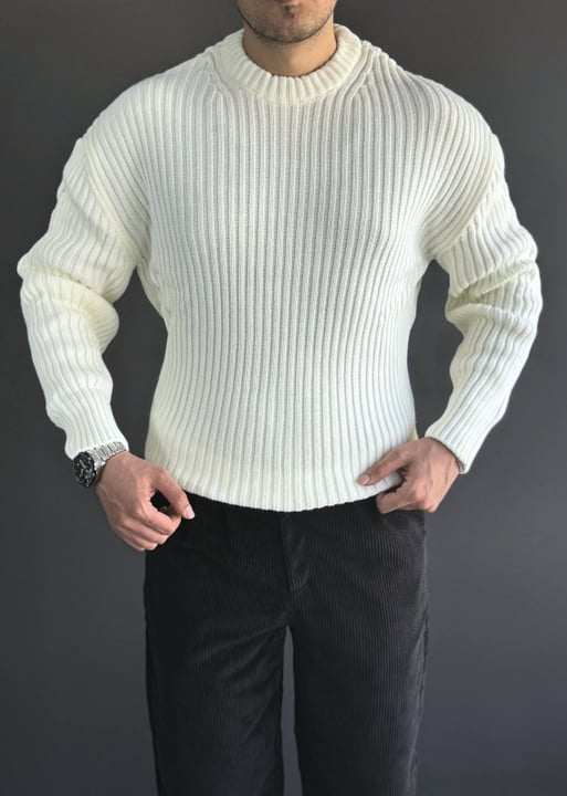 Oversize Premium Kalite Selanik Örgüsü Kazak / Krem /KZK02