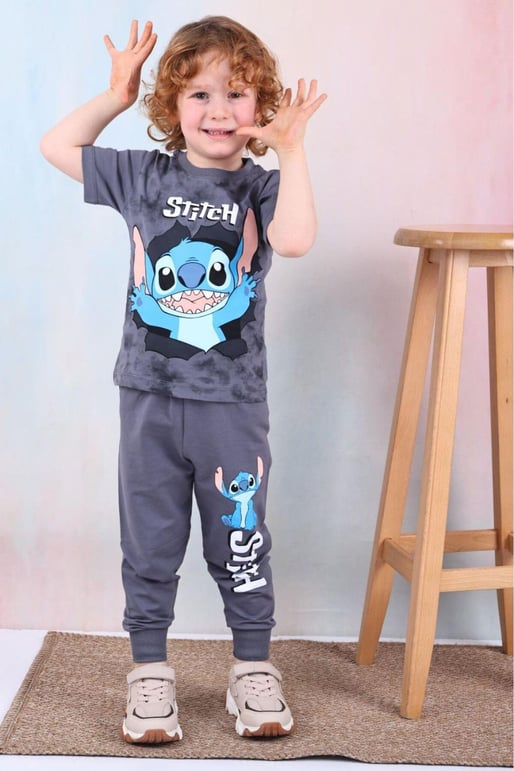 Erkek Çocuk Stitch Desenli Kısa Kollu Tshırt Eşofman 2Li Takım