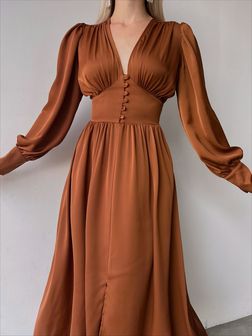 	Kiloş Balon Kol Beli Düğmeli Viktoria Kadın Kahve Uzun Elbise 22K000051