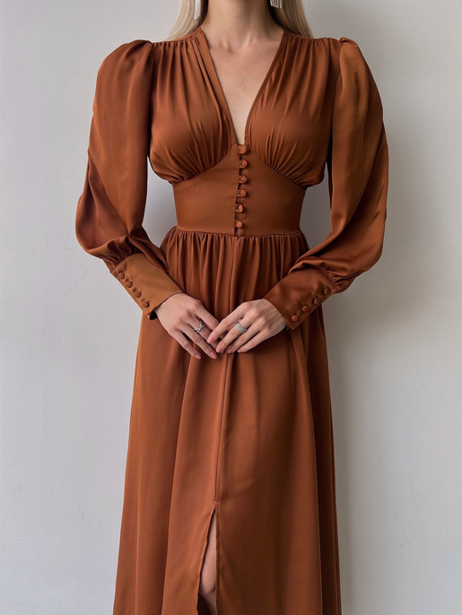 	Kiloş Balon Kol Beli Düğmeli Viktoria Kadın Kahve Uzun Elbise 22K000051