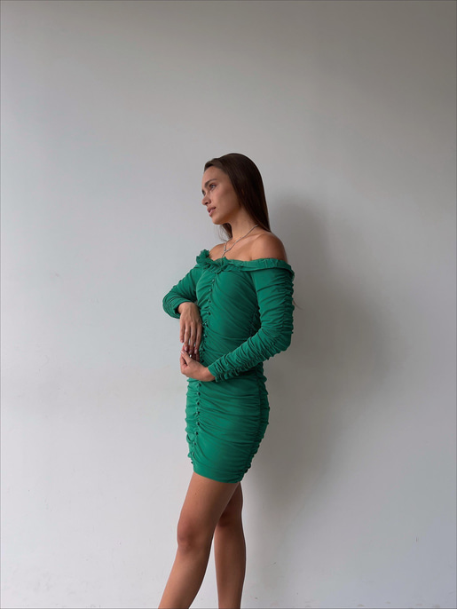 	Omuz Fırfırlı Önden Düğme Detaylı Drapeli Uzun Kol Zanobi Kadın Yeşil Mini Elbise 23K000110