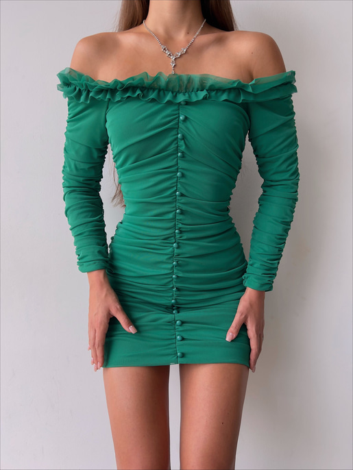 	Omuz Fırfırlı Önden Düğme Detaylı Drapeli Uzun Kol Zanobi Kadın Yeşil Mini Elbise 23K000110