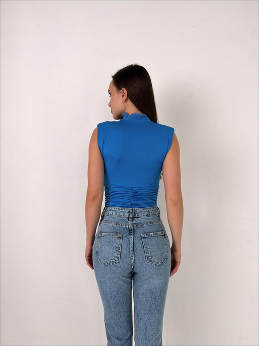 	Vatkalı Derin V Dantel Yaka Elanor Kadın Mavi Bodysuit 22Y000067