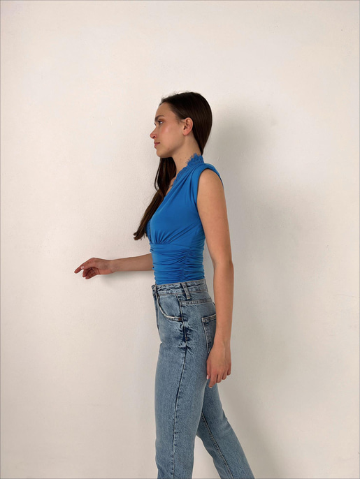 	Vatkalı Derin V Dantel Yaka Elanor Kadın Mavi Bodysuit 22Y000067