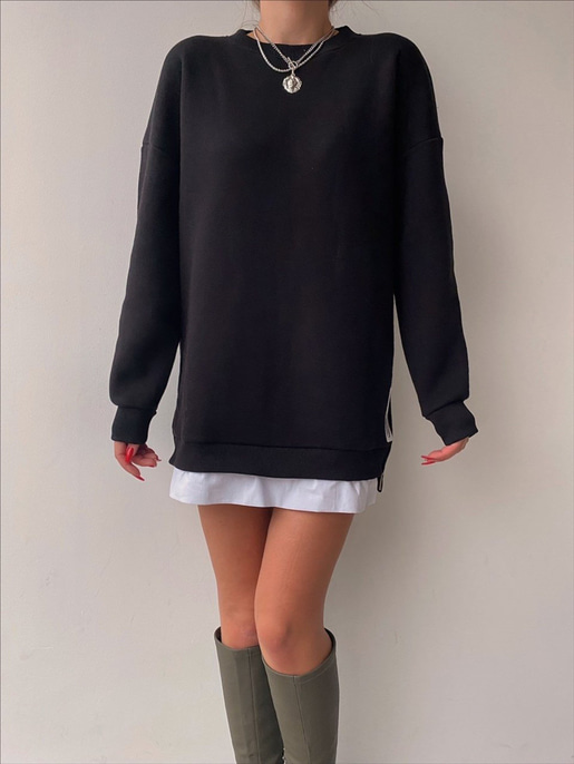 Alt Kısmı Beyaz Gömlek Parçalı Uzun Deanna Kadın Siyah Sweat 22K000255