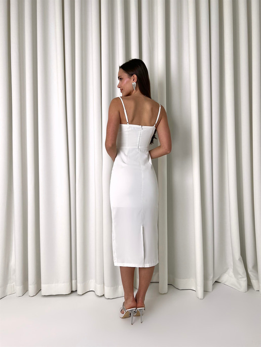 Askılı Korse Detay Tina Kadın Beyaz Kalem Midi Elbise 23K000455