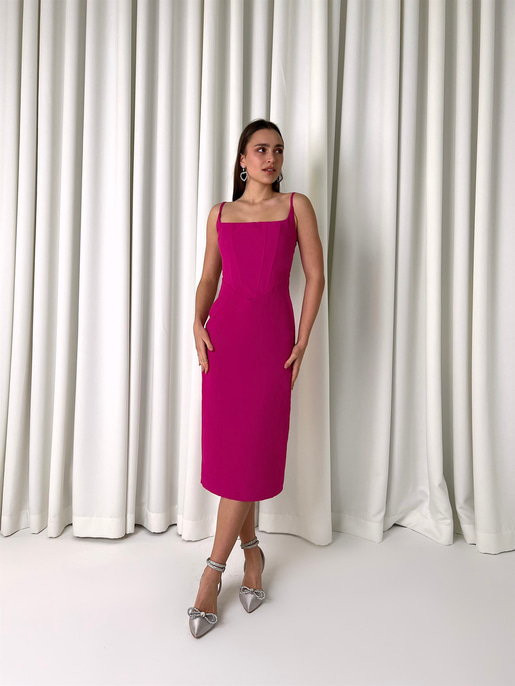 Askılı Korse Detay Tina Kadın Fuşya Kalem Midi Elbise 23K000455