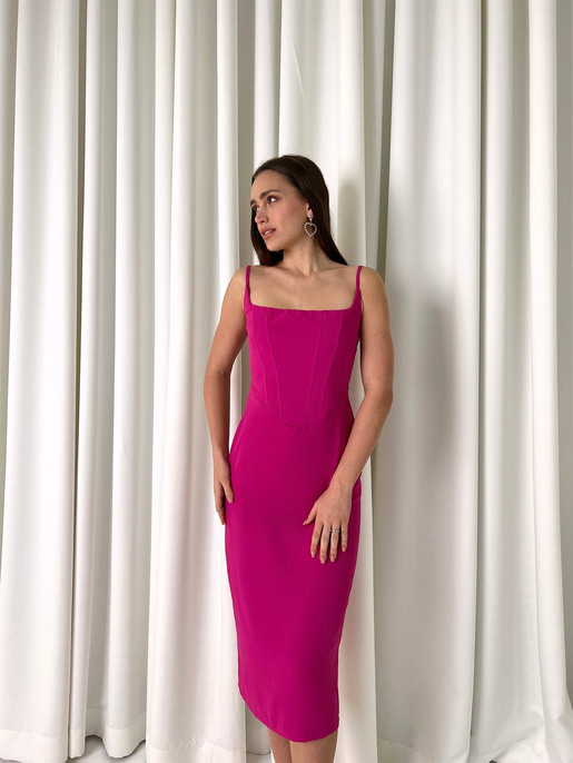 Askılı Korse Detay Tina Kadın Fuşya Kalem Midi Elbise 23K000455