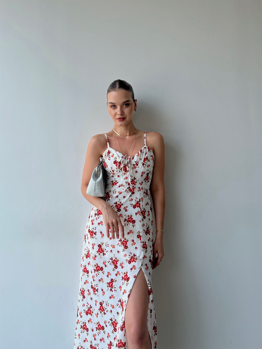 Askılı Midi Boy Göğüsü Drapeli Çiçek Desenli Yırtmaçlı Ardere Kadın Beyaz Elbise 22Y000358