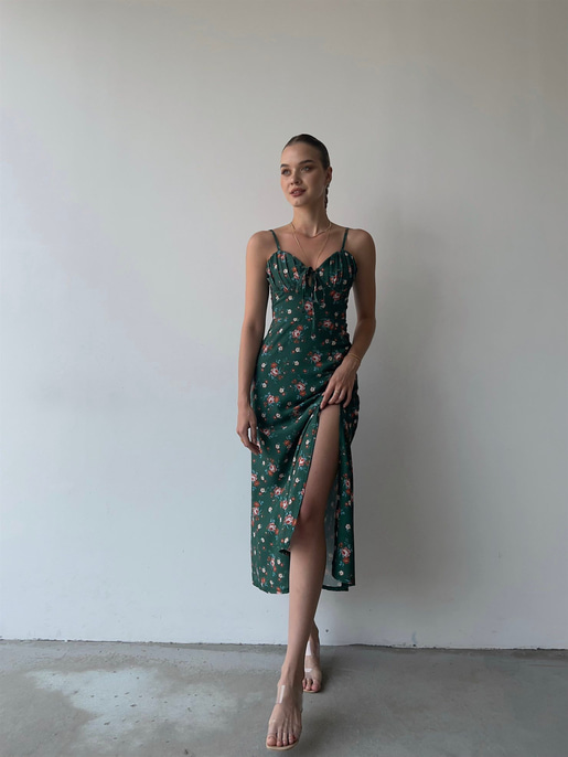 Askılı Midi Boy Göğüsü Drapeli Çiçek Desenli Yırtmaçlı Ardere Kadın Yeşil Elbise 22Y000358