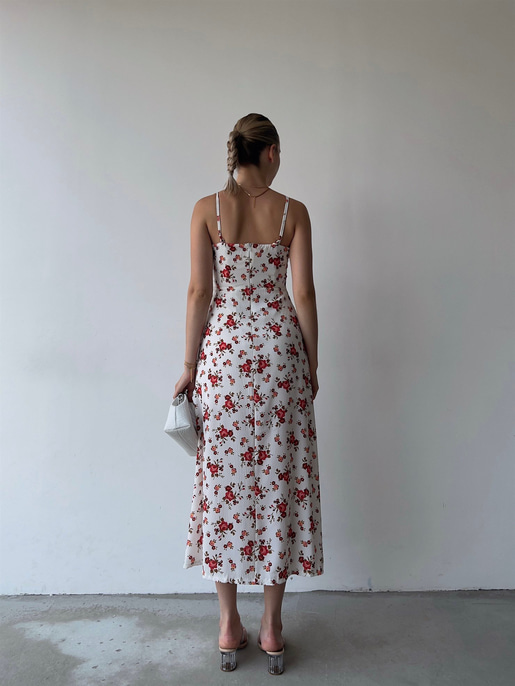 Askılı Midi Boy Göğüsü Drapeli Çiçek Desenli Yırtmaçlı Ardere Kadın Beyaz Elbise 22Y000358