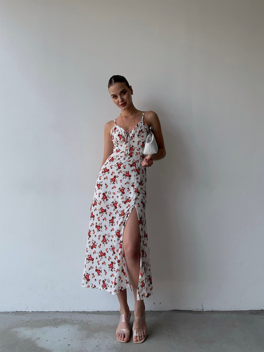 Askılı Midi Boy Göğüsü Drapeli Çiçek Desenli Yırtmaçlı Ardere Kadın Beyaz Elbise 22Y000358