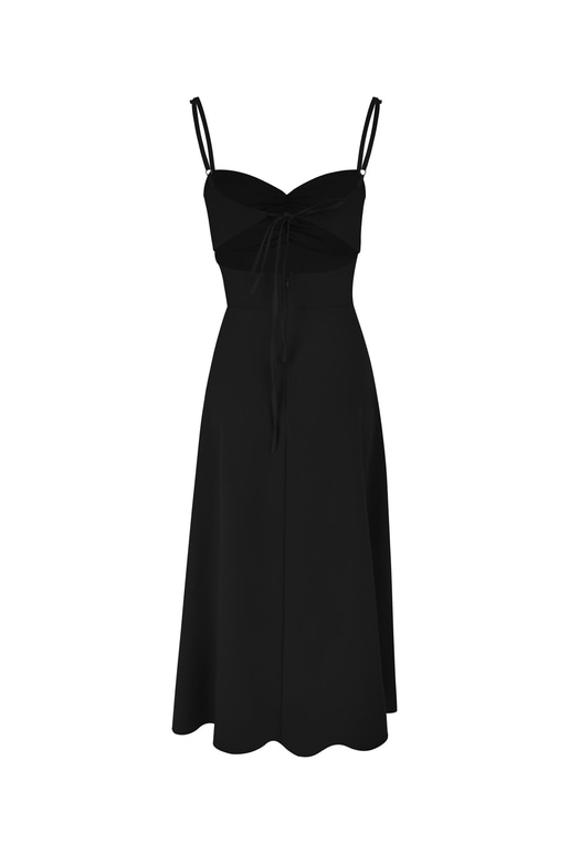 Askılı Önü Büzgülü Düğme Detaylı Sırt Dekolteli Yırtmaçlı Urien Kadın Siyah Midi Elbise 23K000454