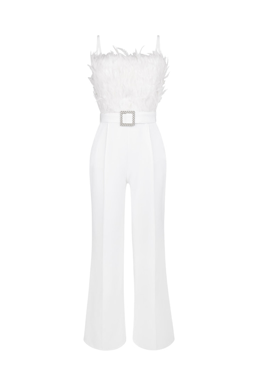 Askılı Önü Tüy Detaylı Belden Kemerli Paddy Kadın Beyaz Tulum 23K000444